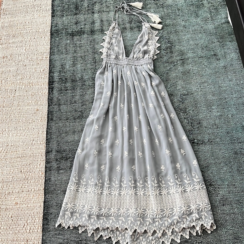 Loveshackfancy Gray embroidered silk halter dress Small